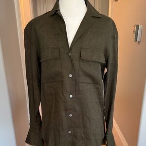 Theory Olive Green 100% Linen Casual Shirt